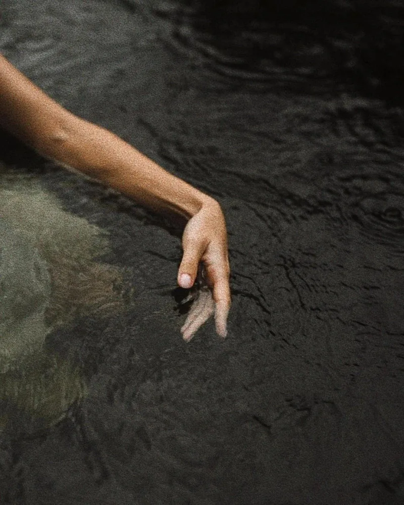 A hand resting on the surface of the water